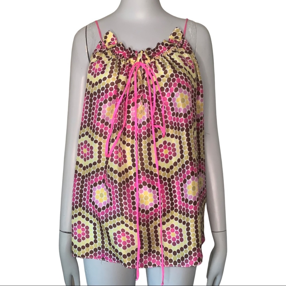 MILLY Vintage Silk Abstract Print Spaghetti Strap Drawstring Top Camisole